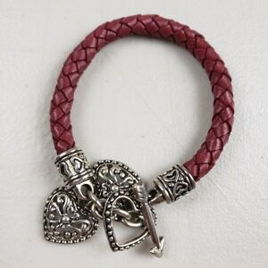 Burgundy Braided Leather Heart Charm Toggle Bracelet Silver Tone Filigree Boho